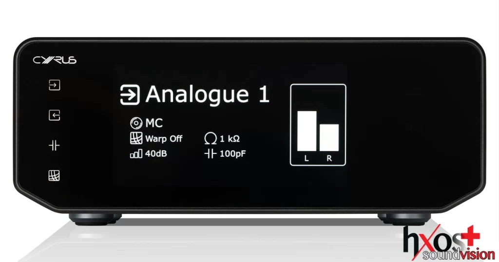 Front view of the Cyrus 40 PPA phono preamplifier featuring a brushed aluminum chassis and glass front display, with input/output controls and sleek hi-fi styling