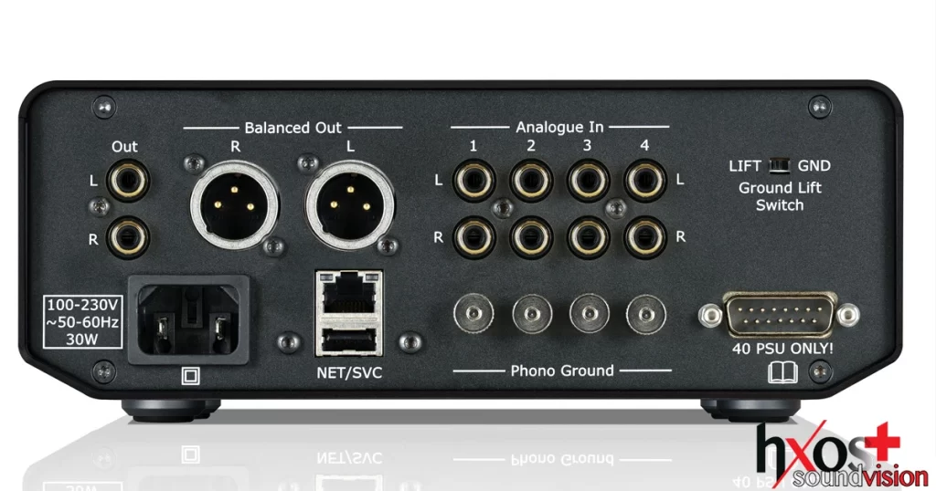 Front view of the Cyrus 40 PPA phono preamplifier featuring a brushed aluminum chassis and glass front display, with input/output controls and sleek hi-fi styling