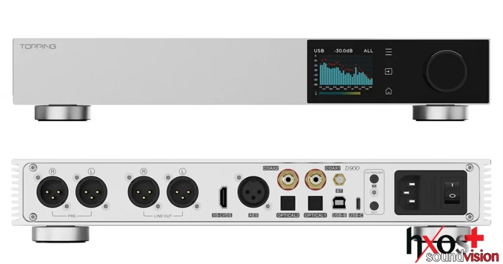 Εξωτερικός DAC Topping D900 με μεταλλική κατασκευή, χρωματιστή οθόνη Aurora UI και κομψό minimal σχεδιασμό.