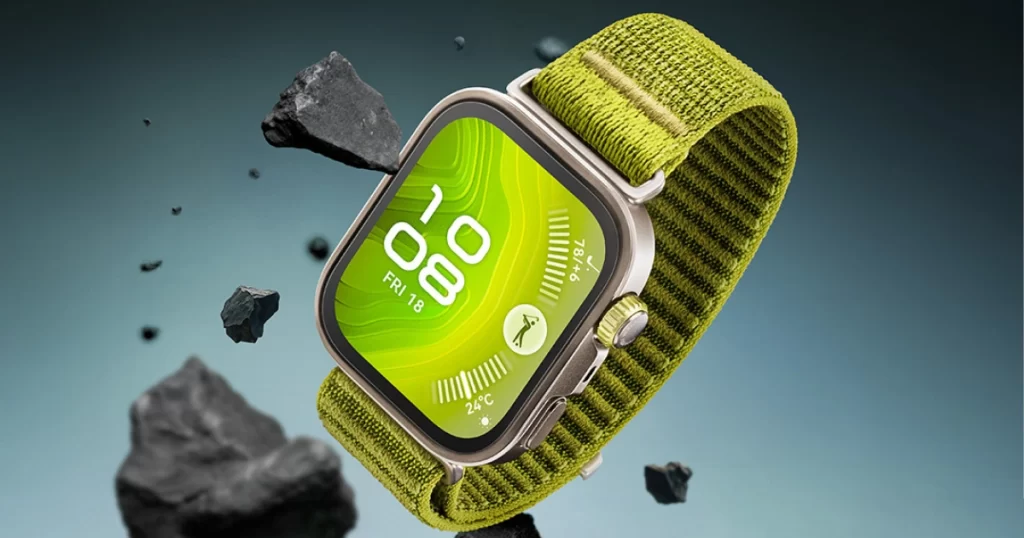 Huawei Watch Fit 4 Pro με τετράγωνη AMOLED οθόνη και μπρασελέ από νάιλον ή φθοριούχο ελαστικό, σε πράσινο, μπλε ή μαύρο χρώμα